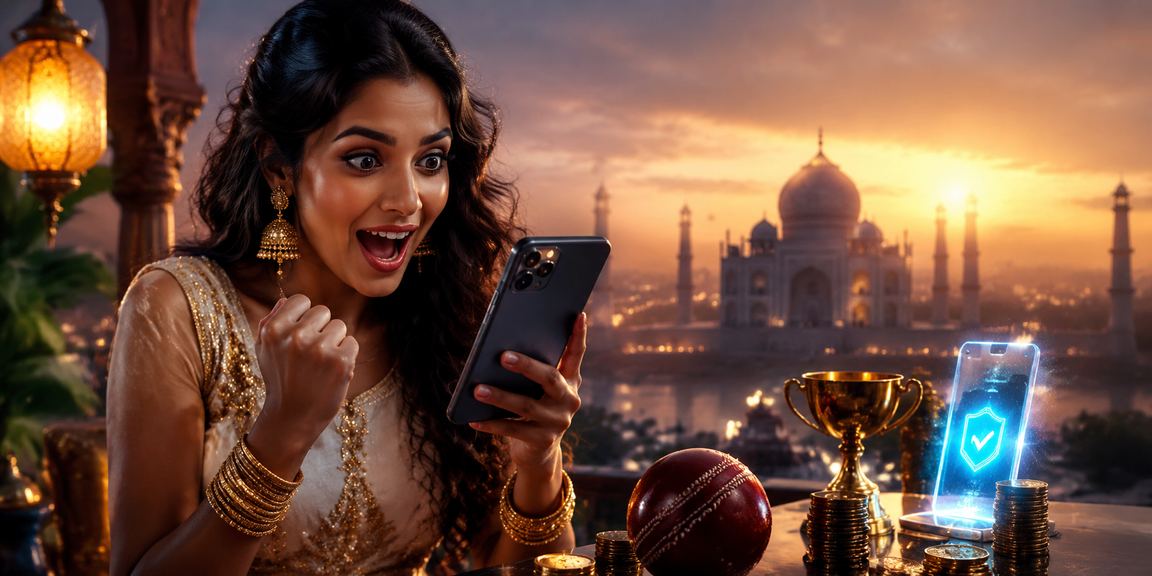 Man placing cricket sports bet at Taj Mahal backdrop