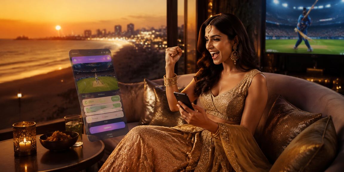 Young Indian woman playing Aviator game on mobile with festive attire in Chennai