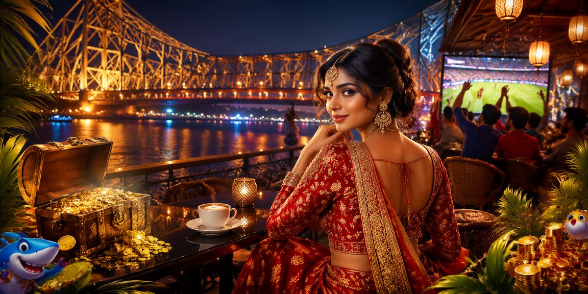 Night scene of Kolkata Howrah Bridge with vibrant market and lights
